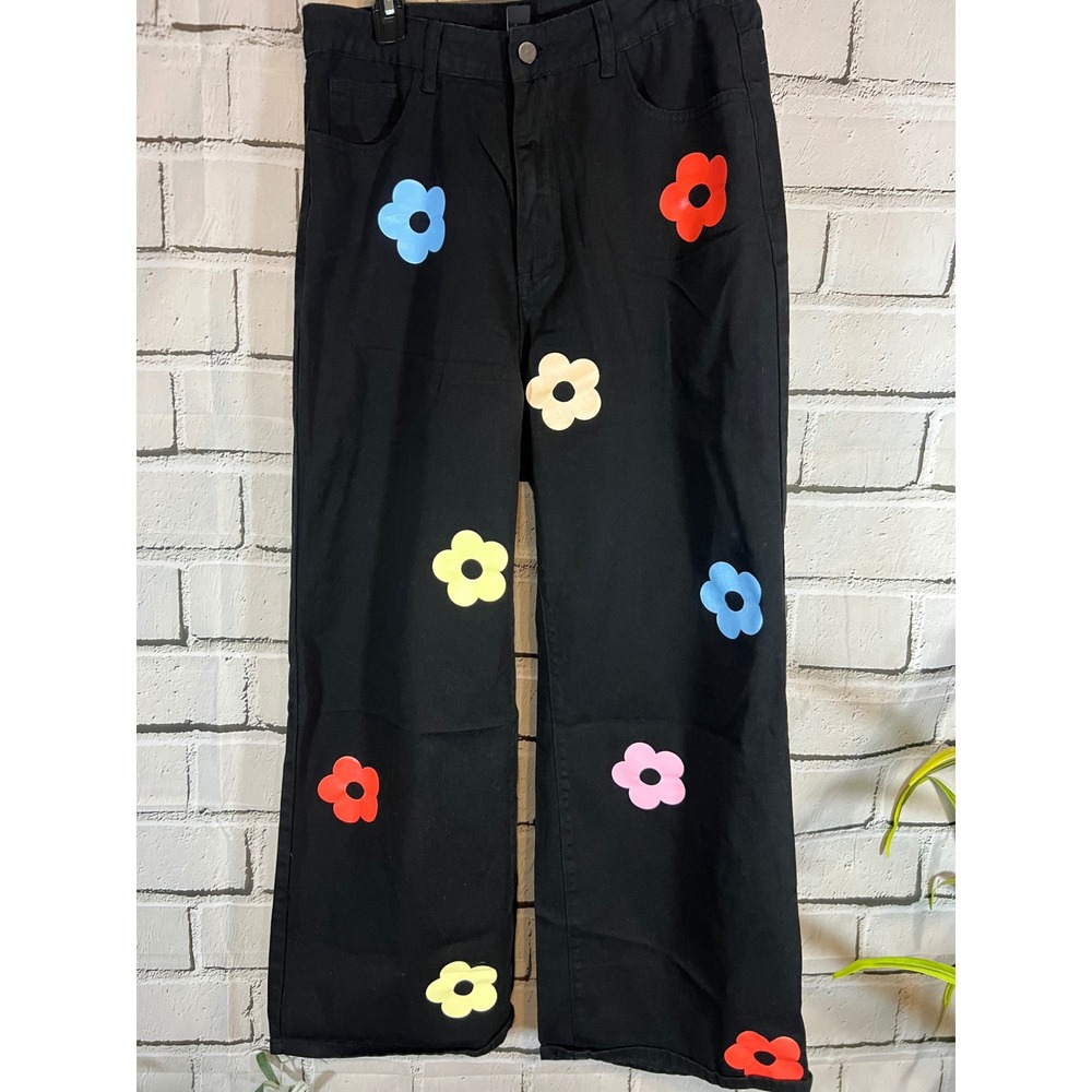 CIDER XL Black Floral Wide Leg Jeans Daisy Applique Y2K 70s Mod Statement Pants